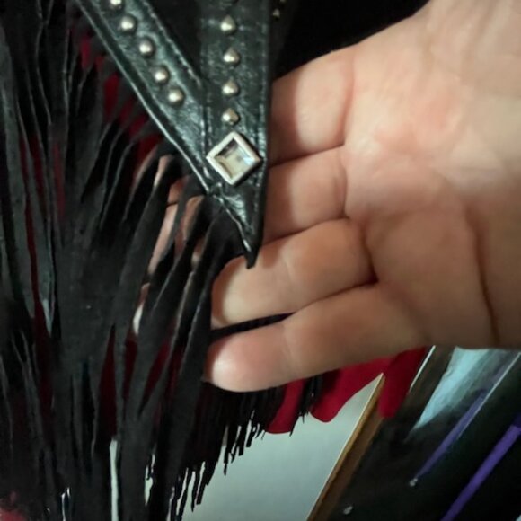 Western Black Leather Shawl with Fringe, Silver Studding and Clear Rhinestones - Picture 7 of 15